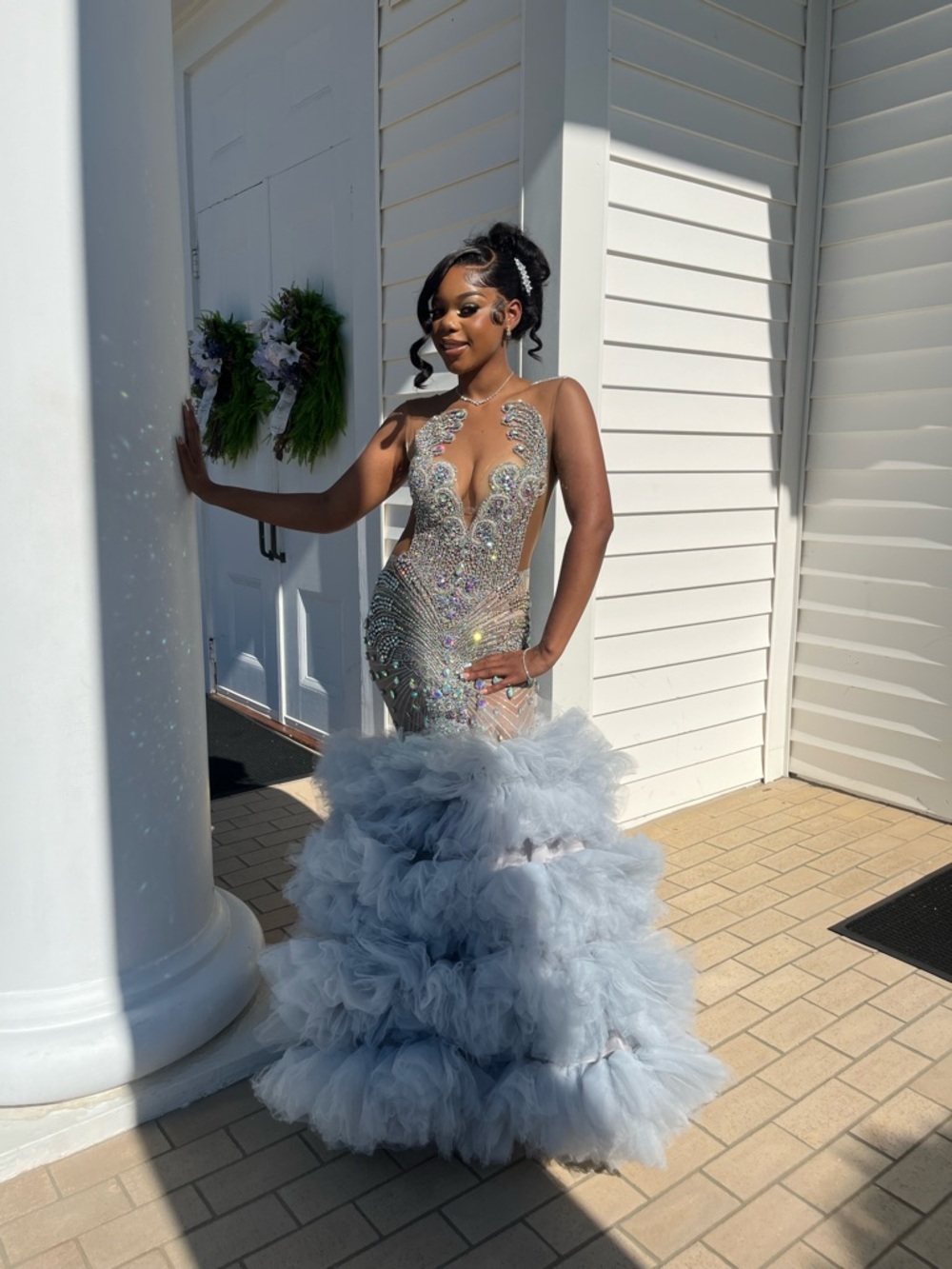 Elegant Light Blue Embellished Tulle Mermaid Dress